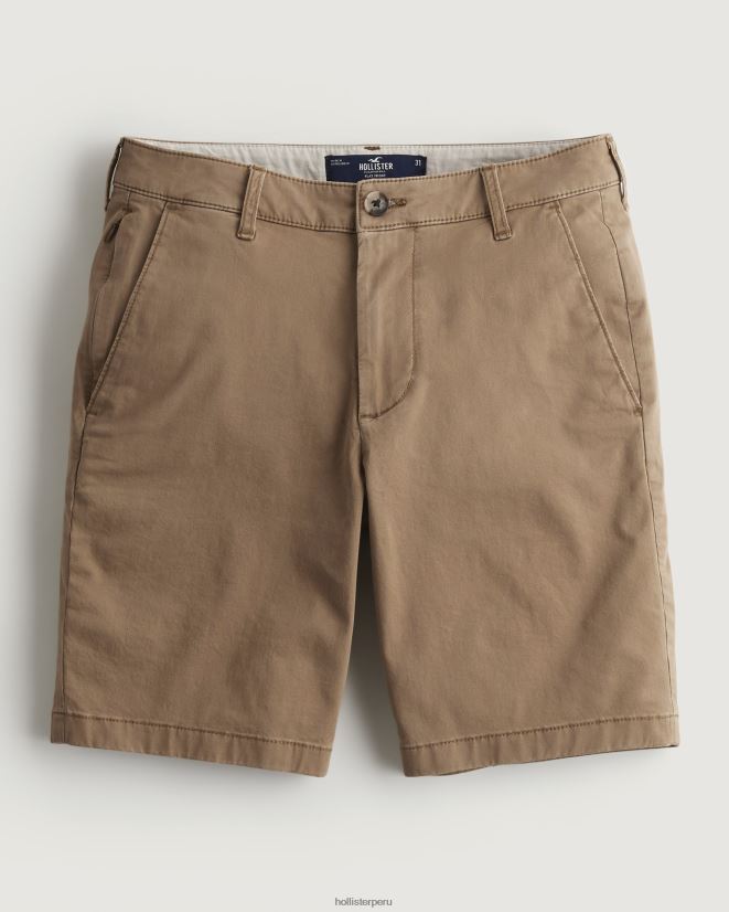 educación física Hollister pantalones cortos de sarga con frente plano 9'' caqui oscuro 086N621382 hombres fondos