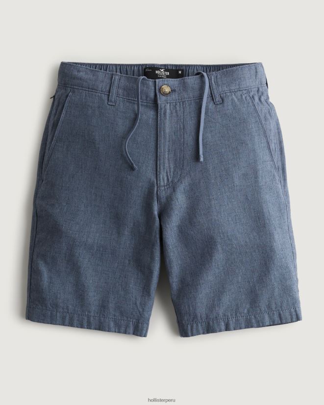 educación física Hollister shorts de mezcla de lino con frente plano 9'' azul marino brezo 086N621312 hombres fondos