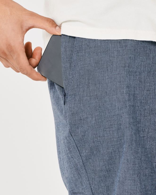 educación física Hollister shorts de mezcla de lino con frente plano 9\'\' azul marino brezo 086N621312 hombres fondos