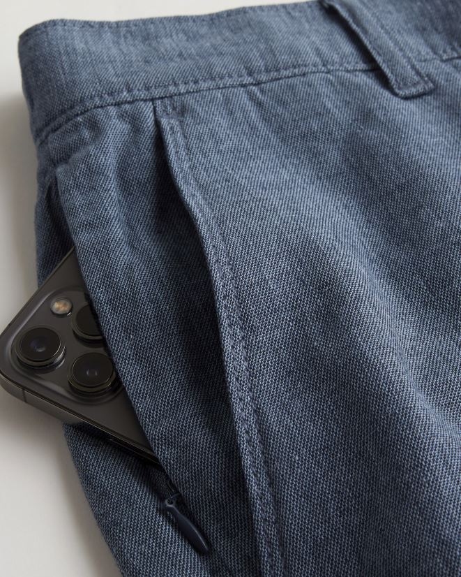 educación física Hollister shorts de mezcla de lino con frente plano 9\'\' azul marino brezo 086N621312 hombres fondos