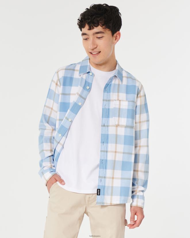 educación física Hollister camisa de franela con botones cheque azul claro 086N62985 hombres tapas