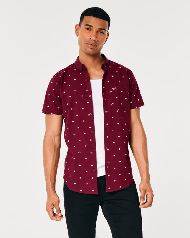 educación física Hollister camisa de manga corta con botones y motivo geométrico patrón burdeos 086N62979 hombres tapas