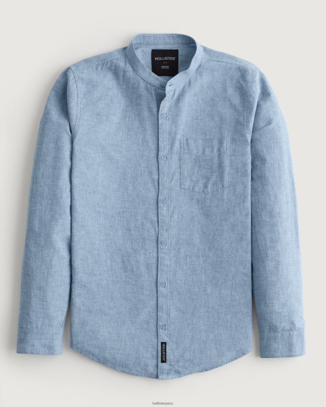 educación física Hollister camisa de mezcla de lino con cuello mao azul jaspeado 086N62881 hombres tapas