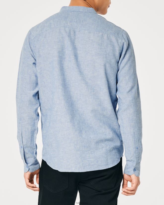 educación física Hollister camisa de mezcla de lino con cuello mao azul jaspeado 086N62881 hombres tapas