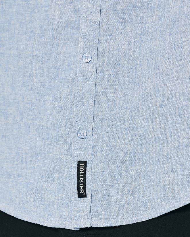 educación física Hollister camisa de mezcla de lino con cuello mao azul jaspeado 086N62881 hombres tapas