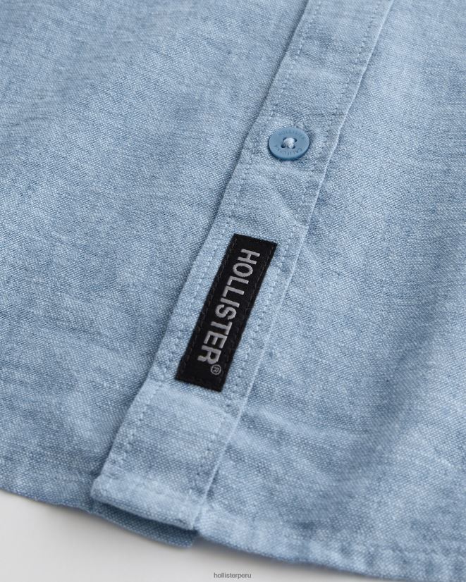educación física Hollister camisa de mezcla de lino con cuello mao azul jaspeado 086N62881 hombres tapas