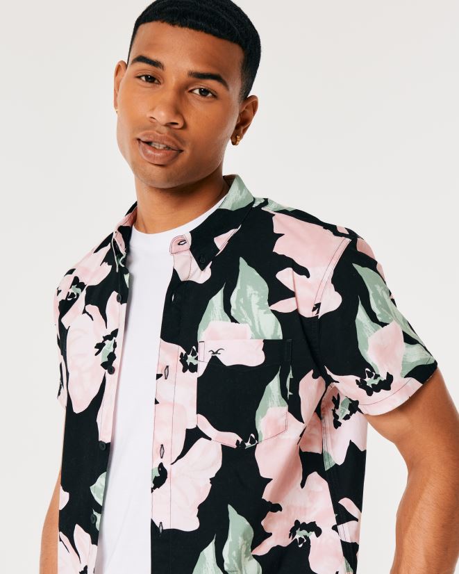 educación física Hollister camisa floral de manga corta floral negro 086N62958 hombres tapas