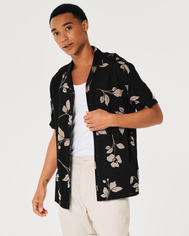 educación física Hollister camisa holgada de manga corta con estampado floral negro 086N62836 hombres tapas
