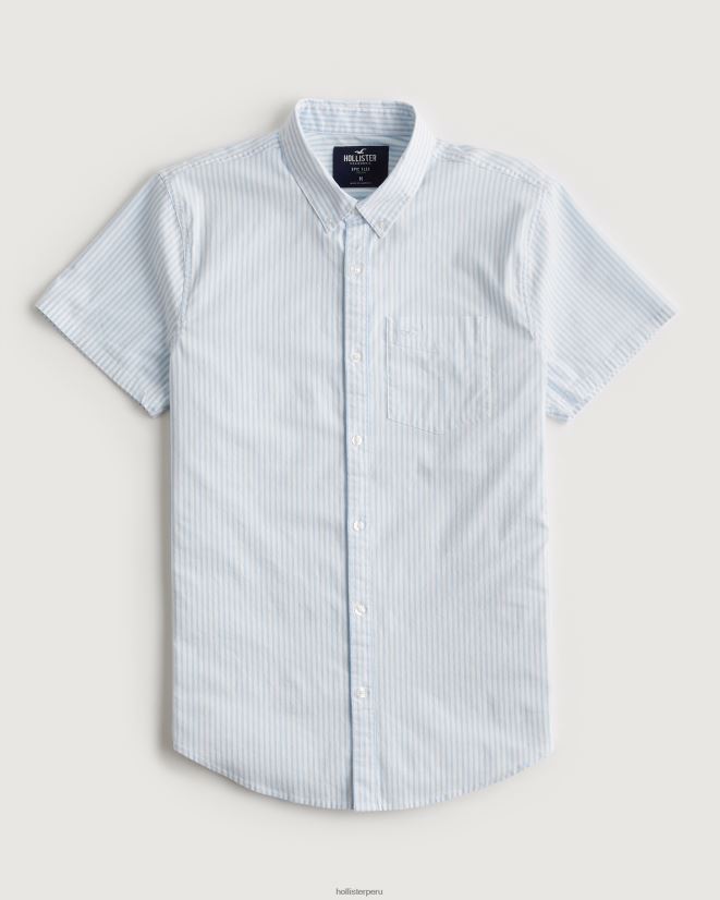educación física Hollister camisa oxford a rayas de manga corta franja azul claro 086N62842 hombres tapas