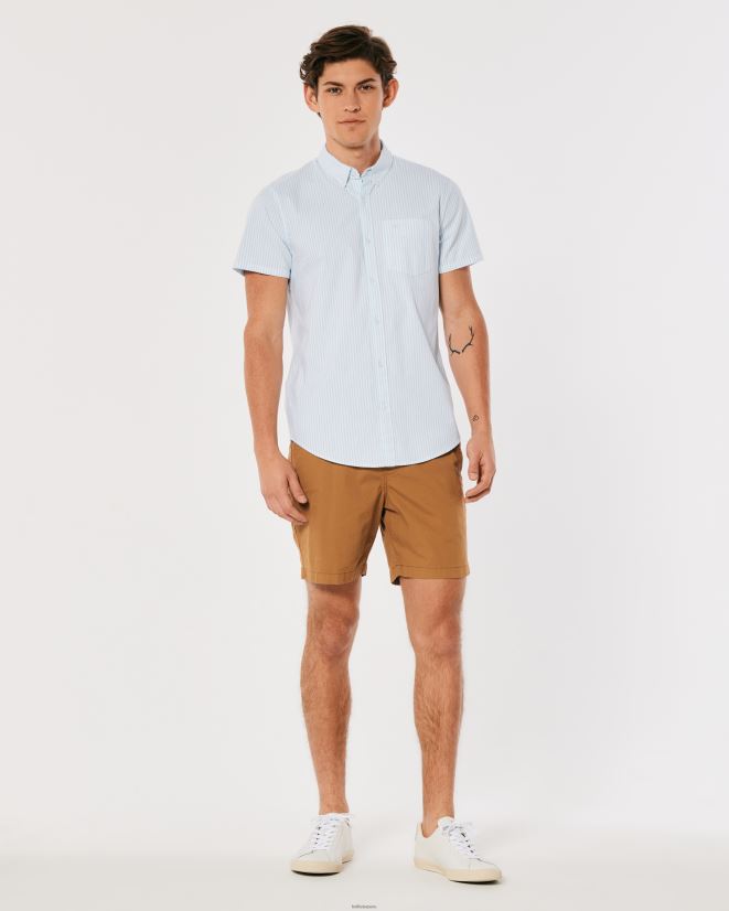 educación física Hollister camisa oxford a rayas de manga corta franja azul claro 086N62842 hombres tapas