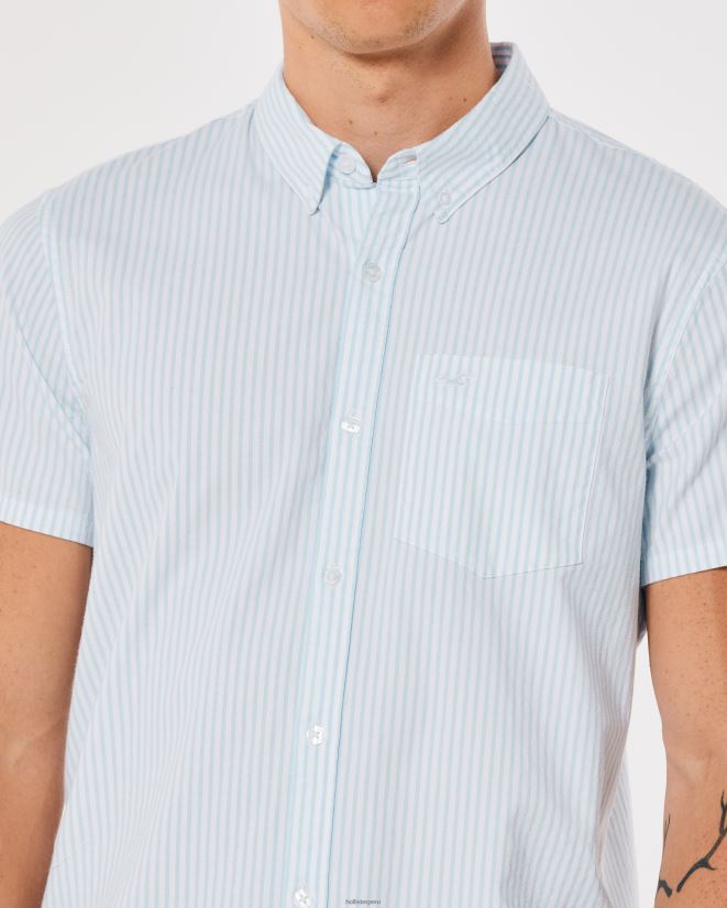 educación física Hollister camisa oxford a rayas de manga corta franja azul claro 086N62842 hombres tapas