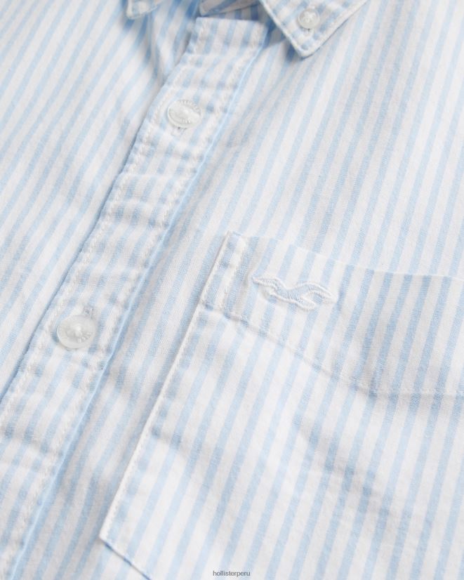 educación física Hollister camisa oxford a rayas de manga corta franja azul claro 086N62842 hombres tapas