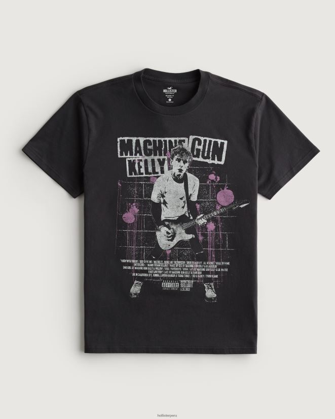 educación física Hollister camiseta relajada con estampado de ametralladora kelly ametralladora negra descolorida kelly 086N621044 hombres tapas