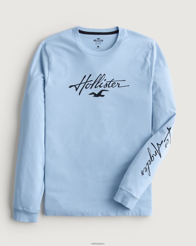 educación física Hollister playera de manga larga con gráfico del logo azul claro 086N62826 hombres tapas