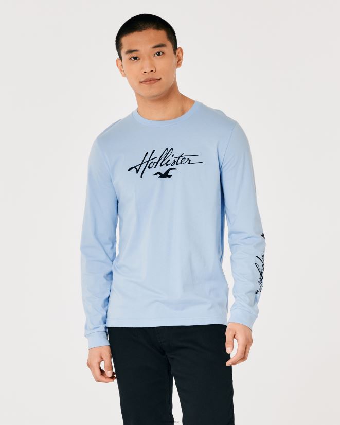 educación física Hollister playera de manga larga con gráfico del logo azul claro 086N62826 hombres tapas