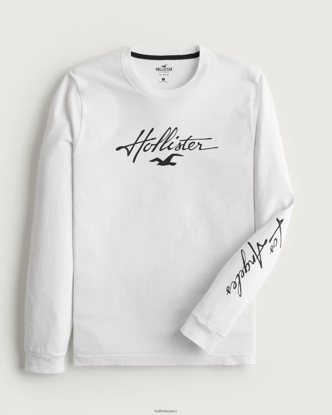 educación física Hollister playera de manga larga con gráfico del logo blanco 086N62915 hombres tapas