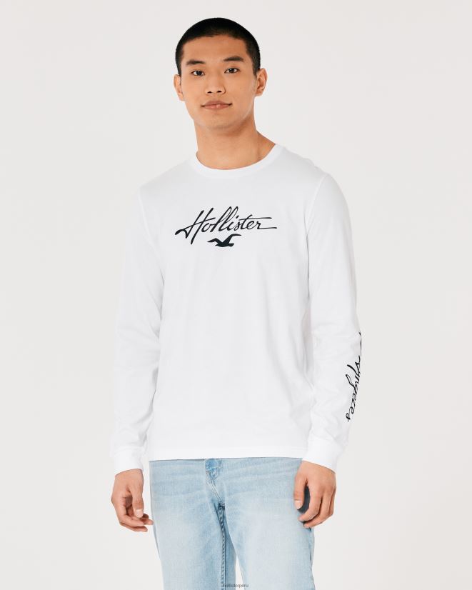educación física Hollister playera de manga larga con gráfico del logo blanco 086N62915 hombres tapas