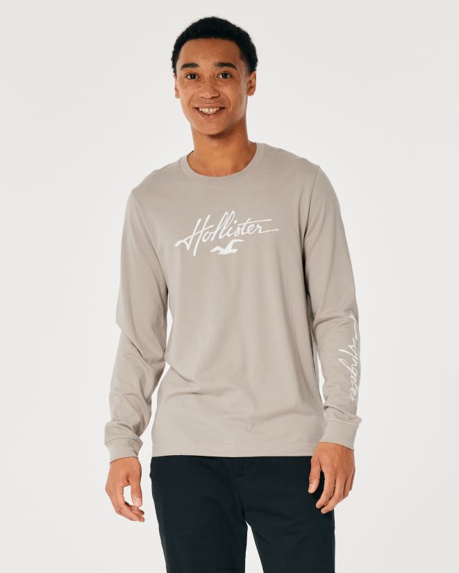 educación física Hollister playera de manga larga con gráfico del logo marrón claro 086N62848 hombres tapas