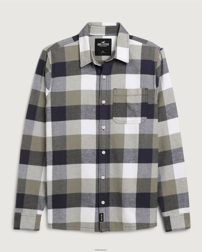 educación física Hollister camisa de franela con botones cheque de oliva 086N621051 hombres tapas