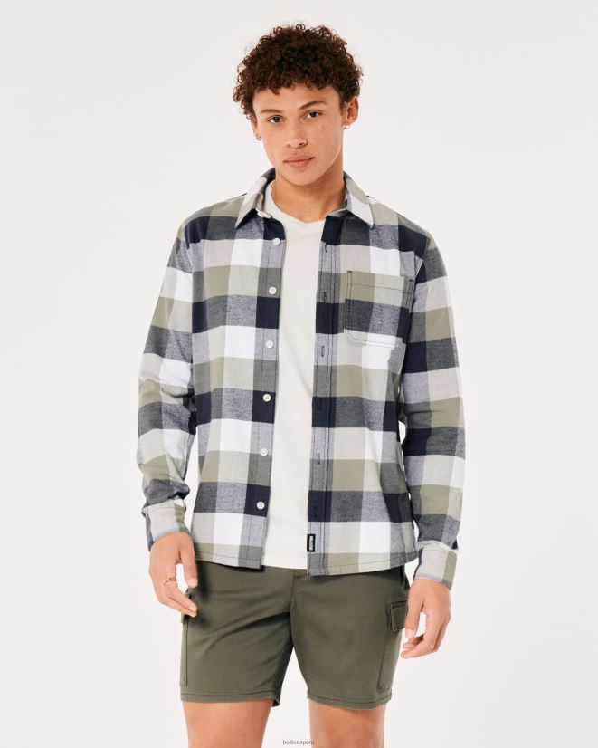educación física Hollister camisa de franela con botones cheque de oliva 086N621051 hombres tapas