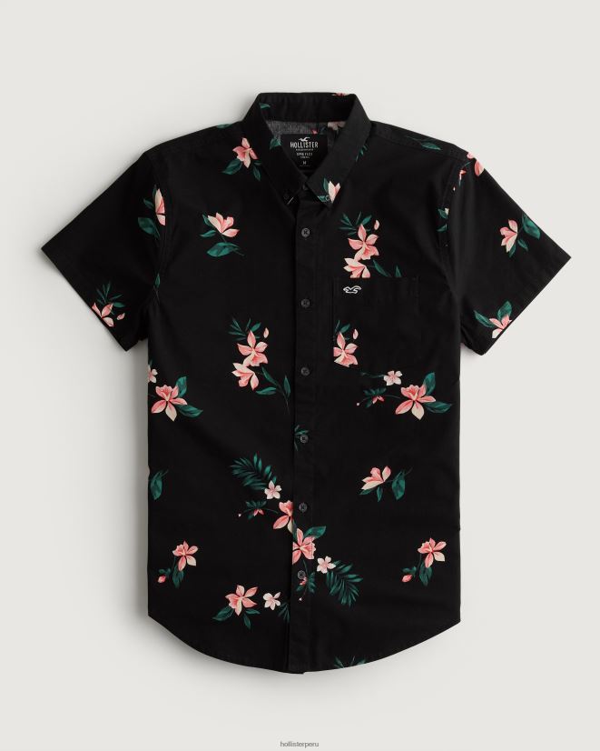 educación física Hollister camisa de manga corta con botones florales floral negro 086N621001 hombres tapas
