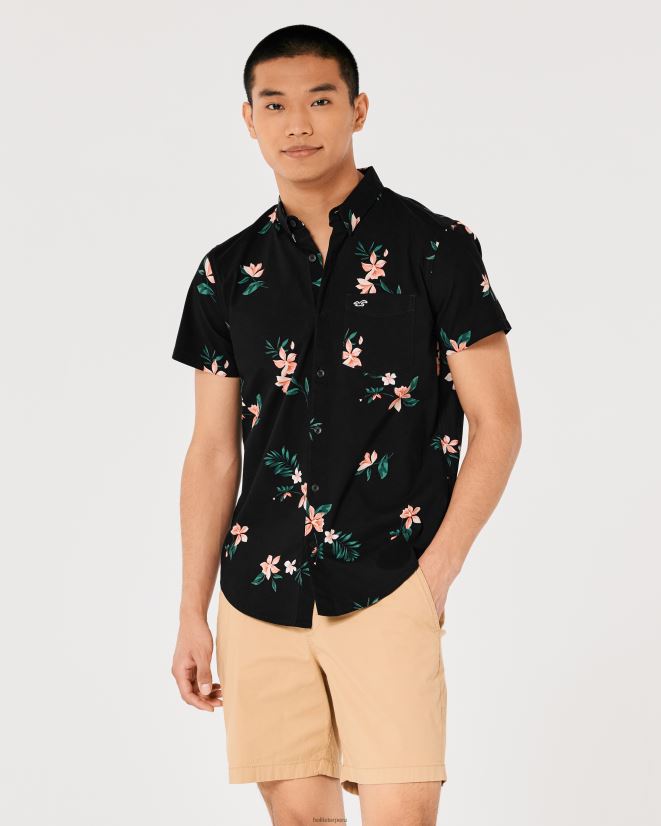 educación física Hollister camisa de manga corta con botones florales floral negro 086N621001 hombres tapas