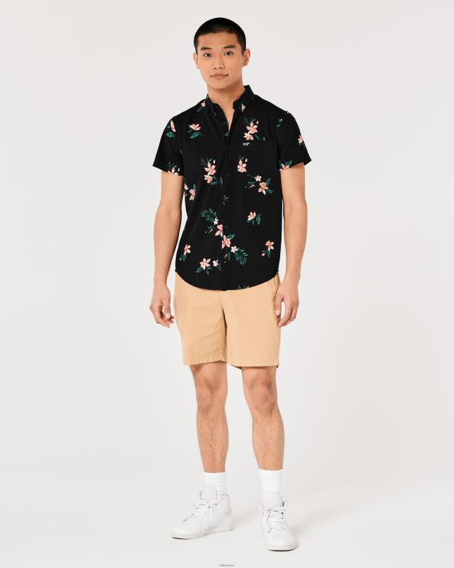 educación física Hollister camisa de manga corta con botones florales floral negro 086N621001 hombres tapas