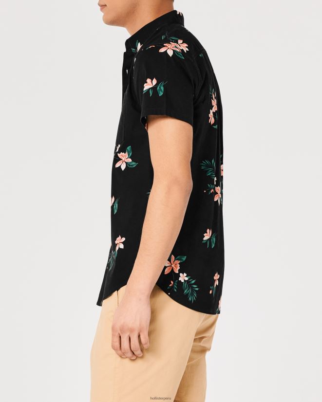 educación física Hollister camisa de manga corta con botones florales floral negro 086N621001 hombres tapas