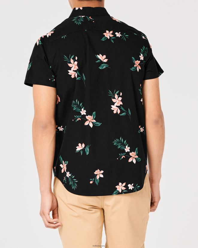 educación física Hollister camisa de manga corta con botones florales floral negro 086N621001 hombres tapas