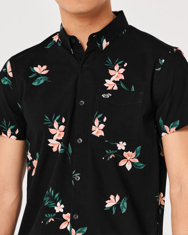 educación física Hollister camisa de manga corta con botones florales floral negro 086N621001 hombres tapas