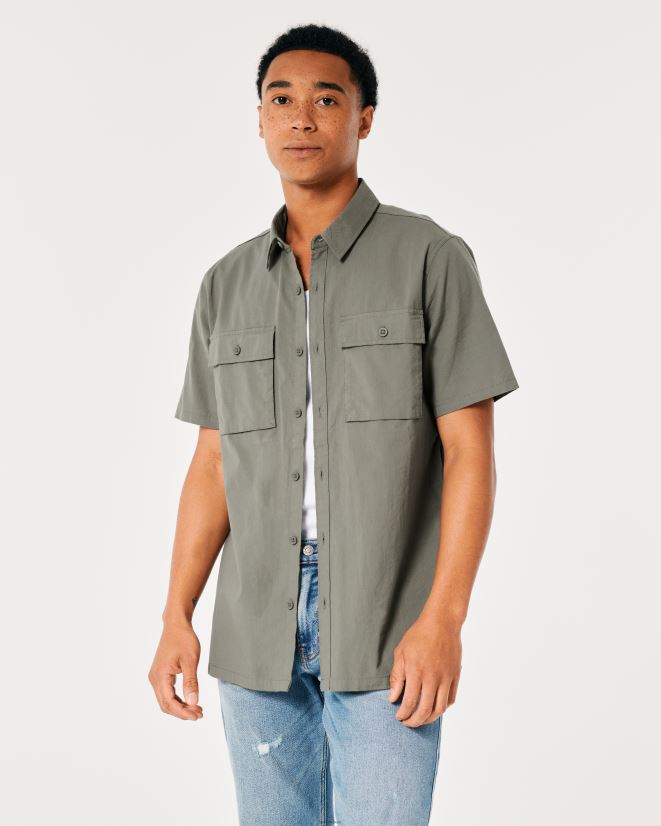 educación física Hollister camisa utilitaria de popelina de manga corta aceituna 086N621050 hombres tapas
