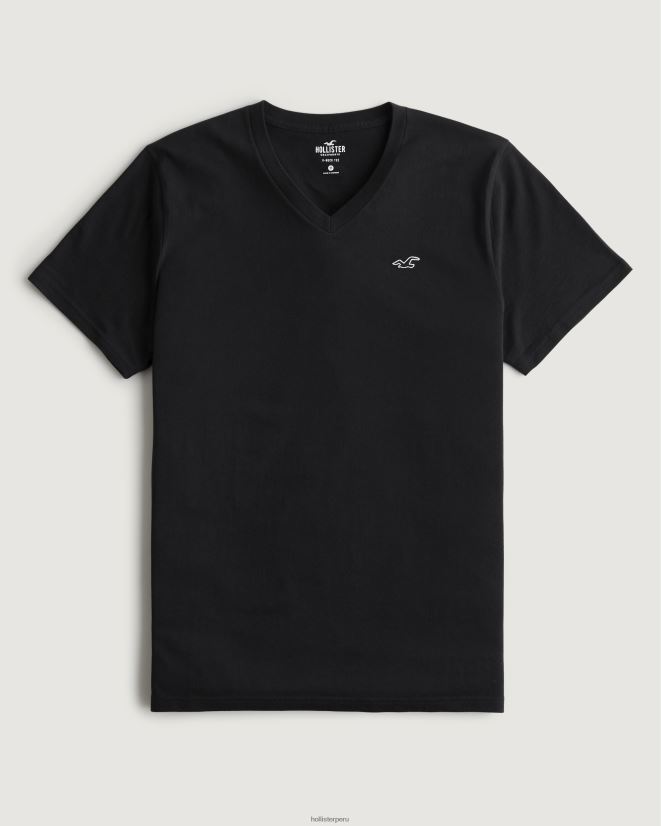 educación física Hollister camiseta con cuello de pico y logo icónico negro 086N621061 hombres tapas