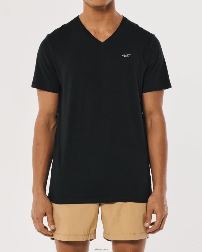 educación física Hollister camiseta con cuello de pico y logo icónico negro 086N621061 hombres tapas