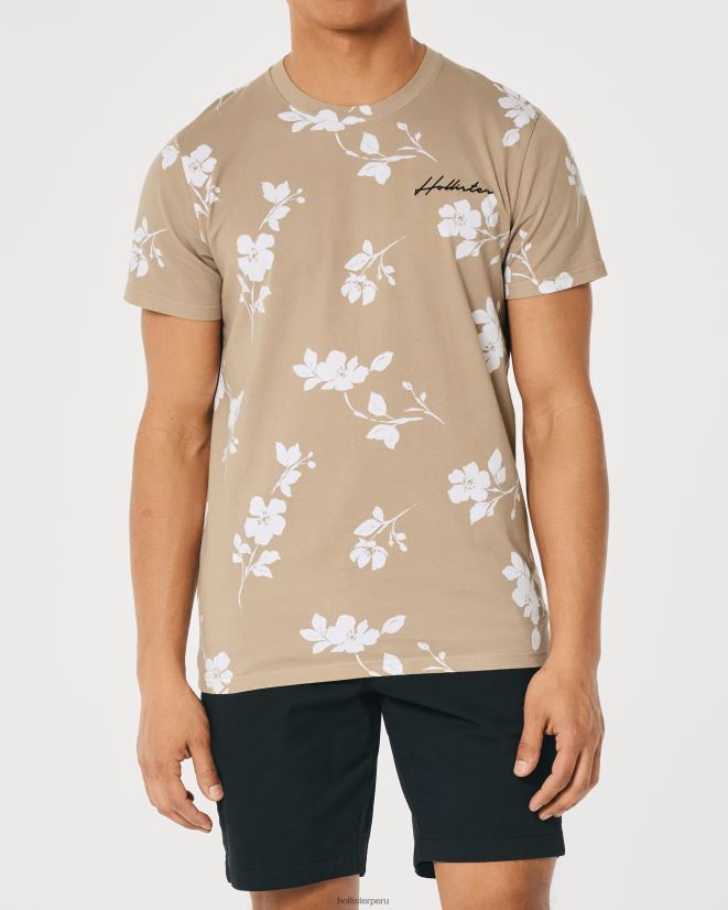 educación física Hollister camiseta con cuello redondo y logo estampado bronceado floral 086N62901 hombres tapas