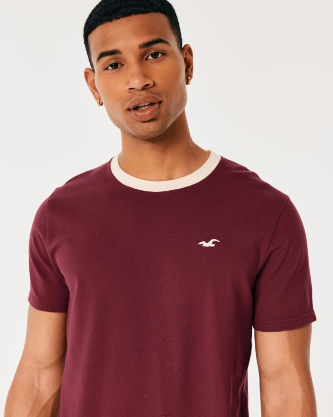 educación física Hollister playera de piqué con ícono de tripulación borgoña 086N621009 hombres tapas