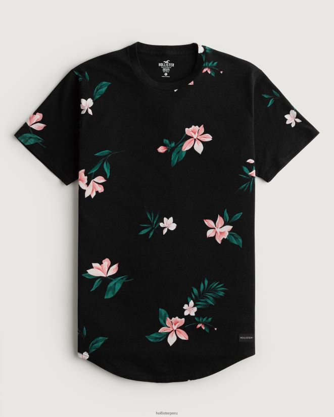 educación física Hollister playera larga con dobladillo redondeado y motivo floral floral negro 086N62813 hombres tapas