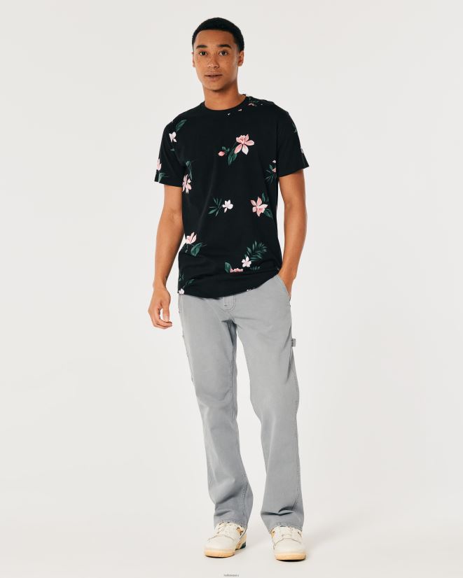 educación física Hollister playera larga con dobladillo redondeado y motivo floral floral negro 086N62813 hombres tapas