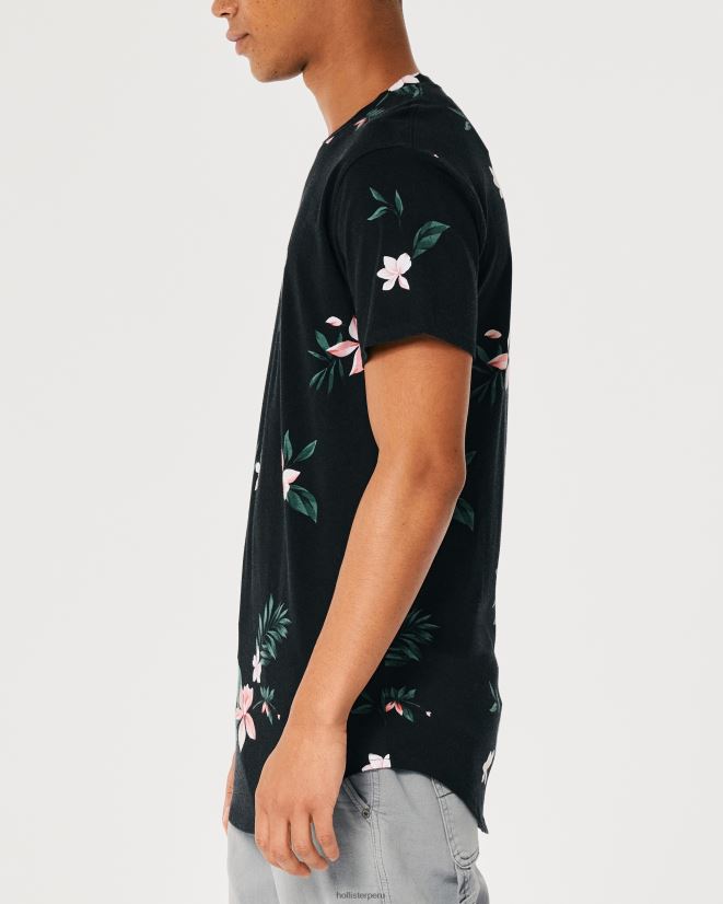 educación física Hollister playera larga con dobladillo redondeado y motivo floral floral negro 086N62813 hombres tapas