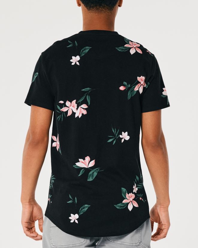 educación física Hollister playera larga con dobladillo redondeado y motivo floral floral negro 086N62813 hombres tapas