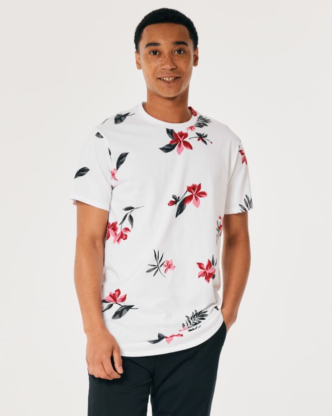 educación física Hollister playera larga con dobladillo redondeado y motivo floral flores blancas 086N62847 hombres tapas