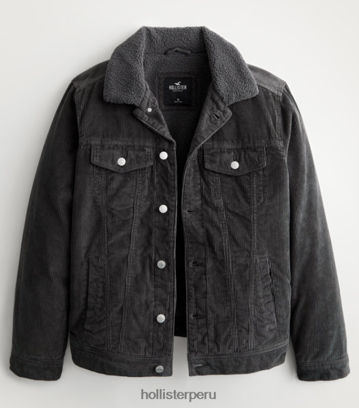 educación física Hollister chaqueta trucker de pana con forro de sherpa pana gris oscuro 086N621074 hombres tapas