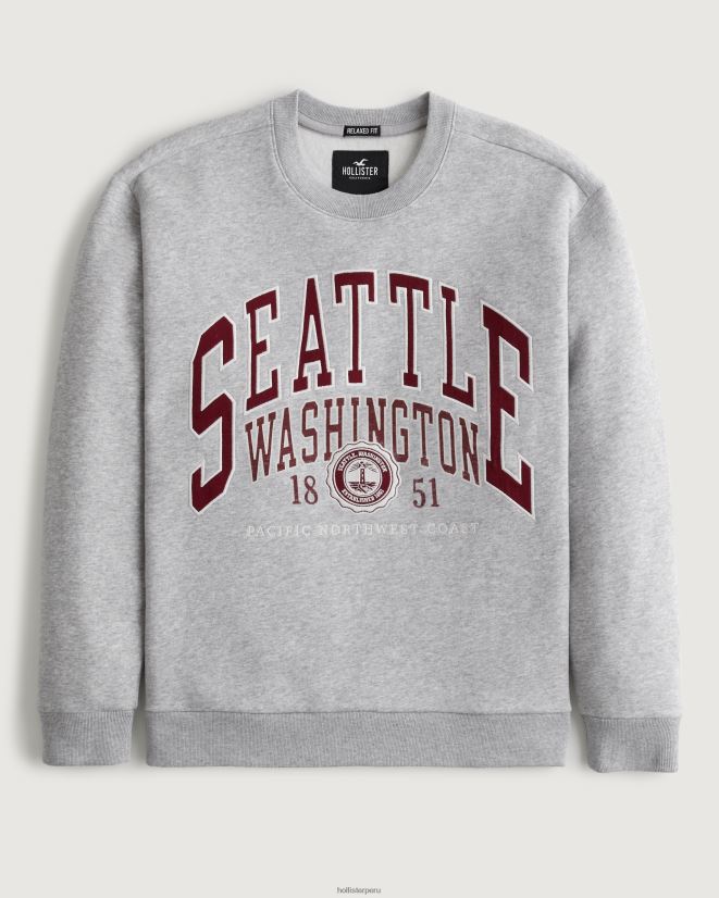 educación física Hollister sudadera holgada con gráfico de Seattle cuero gris 086N62963 hombres tapas