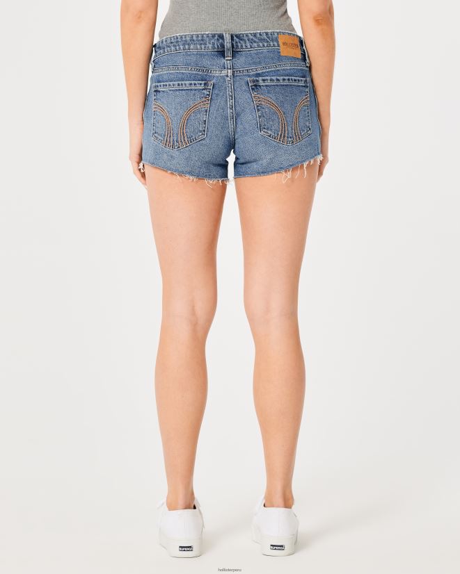 educación física Hollister shorts de mezclilla de tiro bajo con lavado oscuro desgastado 3\'\' lavado oscuro dobladillo sin rematar 086N62532 mujer fondos