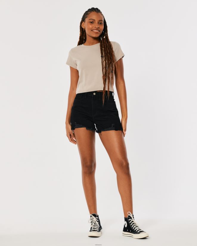 educación física Hollister shorts mom curvy de tiro muy alto en denim desgastado negro rasgado negro 086N62582 mujer fondos