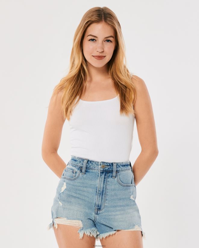 educación física Hollister shorts mom de tiro muy alto rasgados de mezclilla con lavado claro lavado claro rasgado 086N62462 mujer fondos