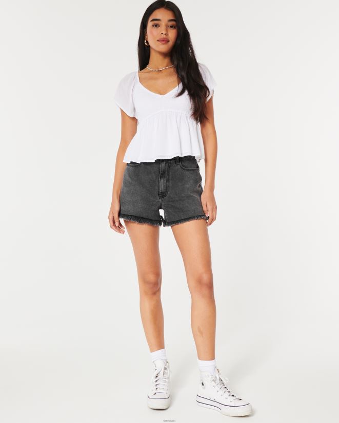educación física Hollister shorts mom de tiro superalto en denim negro desteñido dobladillo deshilachado negro 086N62583 mujer fondos