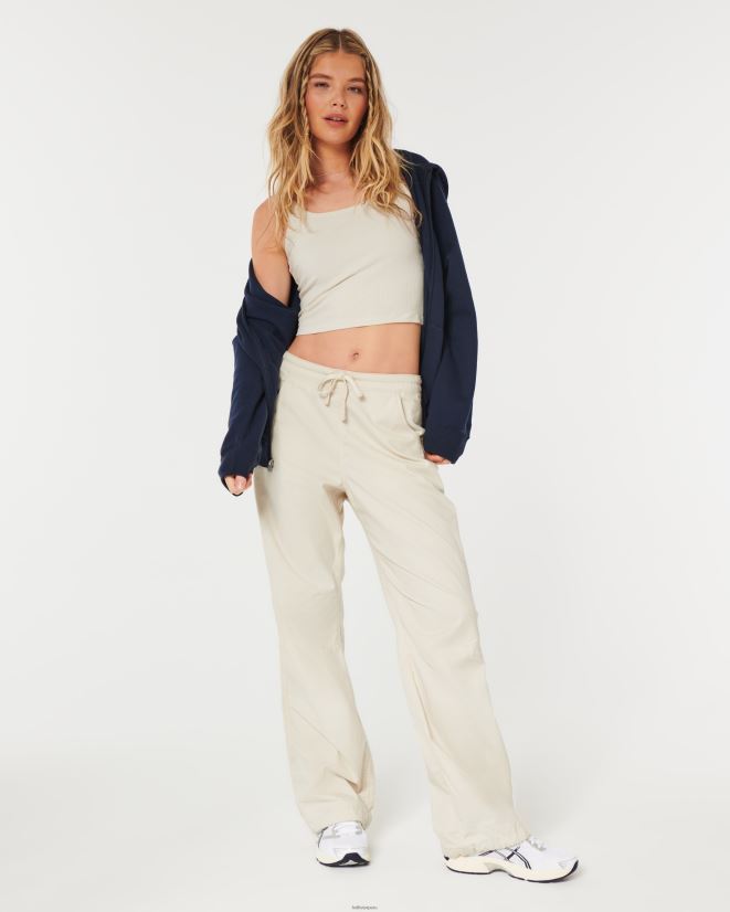 educación física Hollister pantalones de paracaídas de tiro ajustable crema 086N62676 mujer fondos
