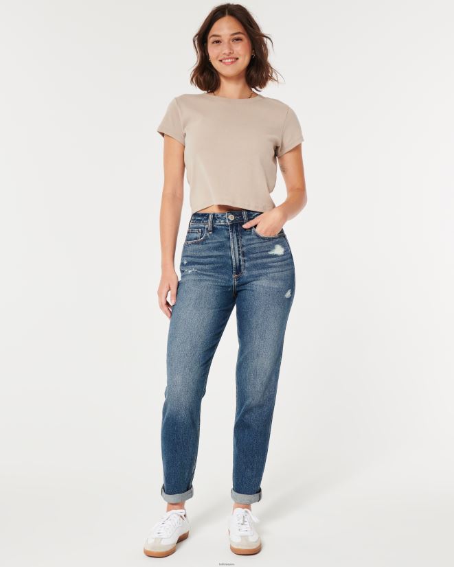 educación física Hollister jeans mom curvy de tiro superalto con rotos y lavado oscuro lavado medio rasgado 086N62539 mujer fondos