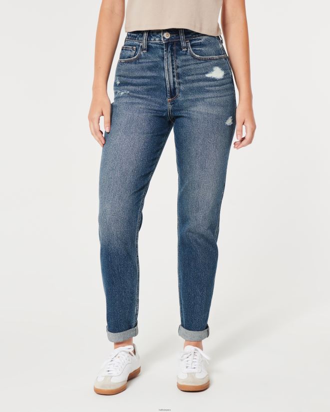 educación física Hollister jeans mom curvy de tiro superalto con rotos y lavado oscuro lavado medio rasgado 086N62539 mujer fondos