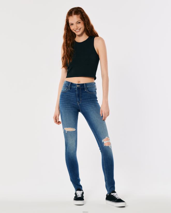 educación física Hollister jeans súper ajustados de tiro alto con rotos y lavado medio lavado medio rasgado 086N62727 mujer fondos
